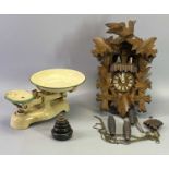 GERMAN MADE MODERN CUCKOO CLOCK with triple weight movement and a vintage set of kitchen scales