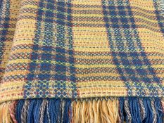 TRADITIONAL STYLE WOOLLEN BLANKET - in colourful tartan type design with tasselled ends, 216 x