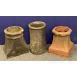 VINTAGE CHIMNEY POTS (3) - one cylindrical, 45.5cms H, the other two having octagonal tops on square
