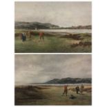 DOUGLAS ADAMS antique prints - Conwy Golf Club 'The Putting Green' and 'The Drive', 43 x 63cms