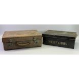 VINTAGE LEATHER SUITCASE initialled 'I M B' and a twin-handled tin document box marked 'W E & E