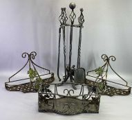 WROUGHT IRON FIRE IRONS ON STAND, similarly styled plant holder and two gilt wall brackets, the fire