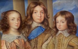 UNSIGNED oil on metal - titled verso 'The Three Children of King Charles', unsigned, 11.5 x 17cms