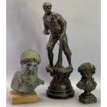 SPELTER & BRONZE EFFECT SCULPTURES (3) - to include a Spelter model of a young fishing boy on a