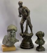 SPELTER & BRONZE EFFECT SCULPTURES (3) - to include a Spelter model of a young fishing boy on a