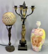 REPRODUCTION BRASS & METAL CANDLEABRA, Art Deco style table lamp and one other, 54cm, 43cm and 33.