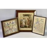 FRAMED NEEDLEWORK PANELS (3) - to include a mahogany framed woolwork panel of a shepherd and a young