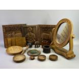VARIOUS WOODEN PLAQUES, BOWLS & OTHER UTENSILS with a carved pine dressing table mirror, 47cms H,