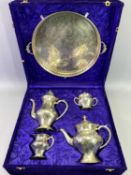 CONTINENTAL 4 PIECE EPNS TEA SERVICE - with circular two-handled serving tray in a purple velvet
