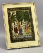 20TH CENTURY INDIAN PAINTING ON SILK - depicting deities and attendants in an orchard setting, 31.