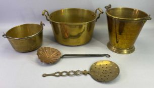 ANTIQUE & LATER BRASSWARE & COPPER UTENSILS - to include two preserve pans, one having twin handles,