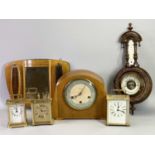 SMITHS WALNUT CASED CHIME STRIKE MANTEL CLOCK, three Quartz carriage clocks, vintage barometer and a