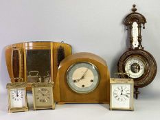 SMITHS WALNUT CASED CHIME STRIKE MANTEL CLOCK, three Quartz carriage clocks, vintage barometer and a