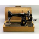 CASED SINGER HAND CRANK SEWING MACHINE - in good presentable condition