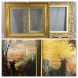UNSIGNED paintings on panel - Alpine scenes, a pair of stags, initialled 'A E L', 90 x 34cms and two