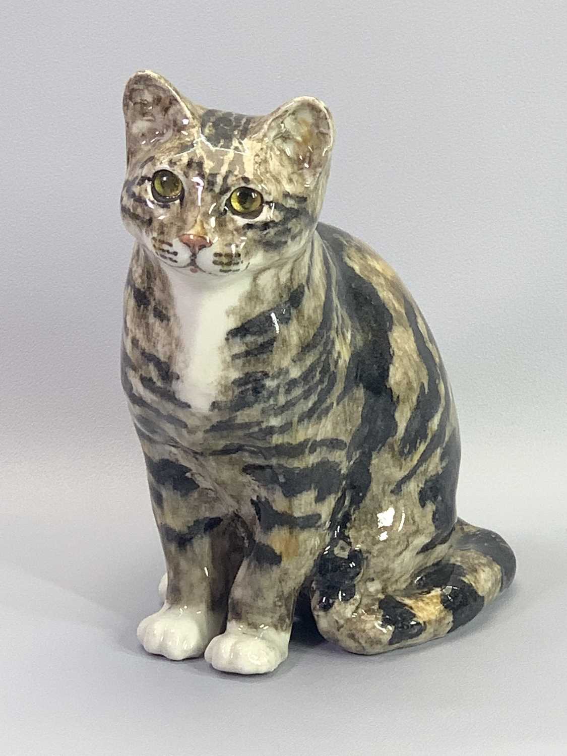 SEATED WINSTANLEY POTTERY TABBY CAT WITH GLASS EYES - 29.5cms H