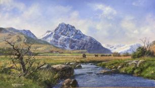 PHILIP STANTON oil on canvas - snow capped Tryfan with grazing cattle to the foreground, signed
