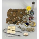 VINTAGE BRITISH & CONTINENTAL COINAGE, costume jewellery, silver topped scent bottle and a small