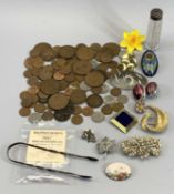 VINTAGE BRITISH & CONTINENTAL COINAGE, costume jewellery, silver topped scent bottle and a small