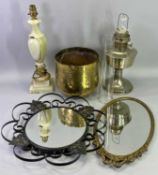 EASTERN BRASS BUCKET, 19cms tall, an Onyx table lamp, a mid-century type oil lamp and two wall