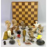 WOODEN CHESS BOARD, wood and other collectable figurines, miniature boats and other items of