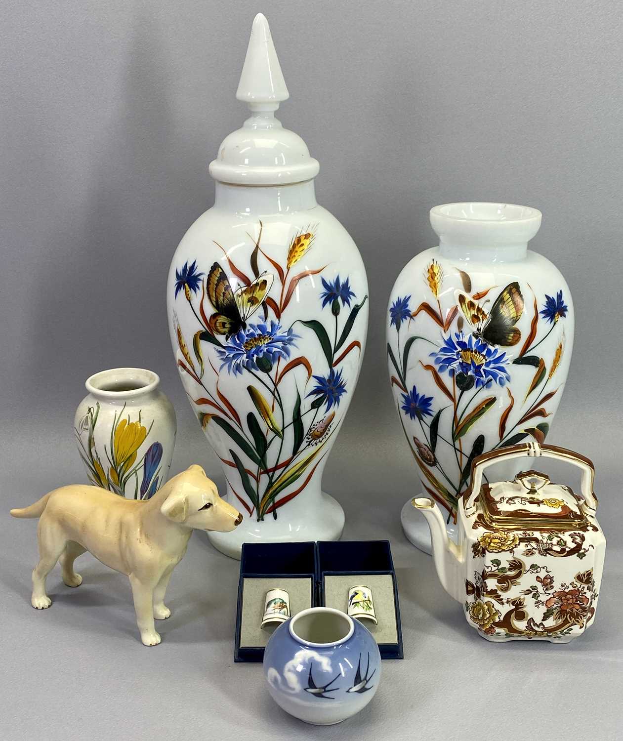 CHINA ASSORTMENT - to include graduated Milk glass vases, 42cms the tallest (with lid), Royal