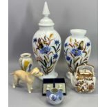 CHINA ASSORTMENT - to include graduated Milk glass vases, 42cms the tallest (with lid), Royal