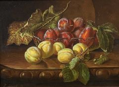 F JAMES oil on board - still life fruit on a table, signed, 29 x 39cms