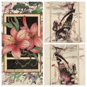J C ILLINGWORTH prints, a pair - stylised Japanese figures, 30 x 23cms and a still life by the