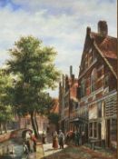 UNSIGNED oil on board - Dutch? scene of figures at the canal side, 39 x 29cms