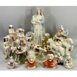 STAFFORDSHIRE FLATBACKS & OTHER POTTERY COLLECTABLES GROUP including a pair of colourful busts