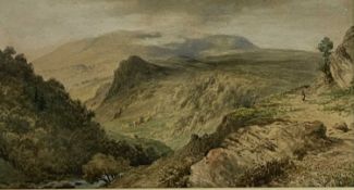 W J WADHAM watercolour - 'Welsh Lady' on a path above a steep gorge, signed, 26 x 50cms
