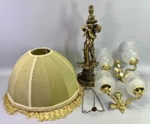 GILT COMPOSITION VINTAGE STYLE CHERUB LAMP with green fabric tasselled shade and two brass effect
