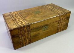 TREEN - excellent walnut writing box with marquetry banding, 18 x 50 25cms (closed)