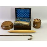 VICTORIAN WALNUT SEWING/JEWELLERY BOX, vintage walking stick with silver mounts and three other