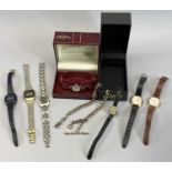 LADY'S WRISTWATCHES (7) and a gilt metal pocket watch and fob chain with double curb links and twist