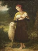 INITIALLED A E 20th Century oil on board - a young girl holding a lamb with a ewe at her side, 39