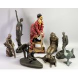 REPRODUCTION CAST BRONZE & COMPOSITION BRONZED EFFECT SCULPTURES & ONE OTHER of a colourful clown,