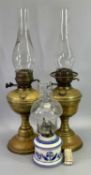 VINTAGE PARAFFIN LAMPS (3), one having a blue and white pottery font impressed 'Farms Lamp Light',