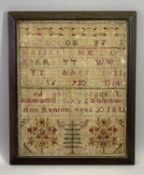 NEEDLEWORK SAMPLER BY ANNE RANSOM - Aged 10, 1813, having a standard arrangement of letters and