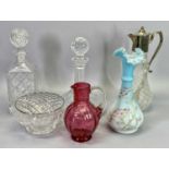 VICTORIAN SATIN GLASS JUG, cut glass and other decanters, claret jug with plated metal mounts,