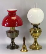 VINTAGE PARAFFIN FUELLED OIL LAMPS (2) and a brass desk bell to include all brass example with white