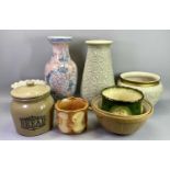 POTTERY MIXING BOWLS (2), stone ware bread crock, West German and other pottery planters and a