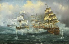 UNSIGNED oil on canvas - impressive maritime scene, galleons doing battle, 58 x 90cms