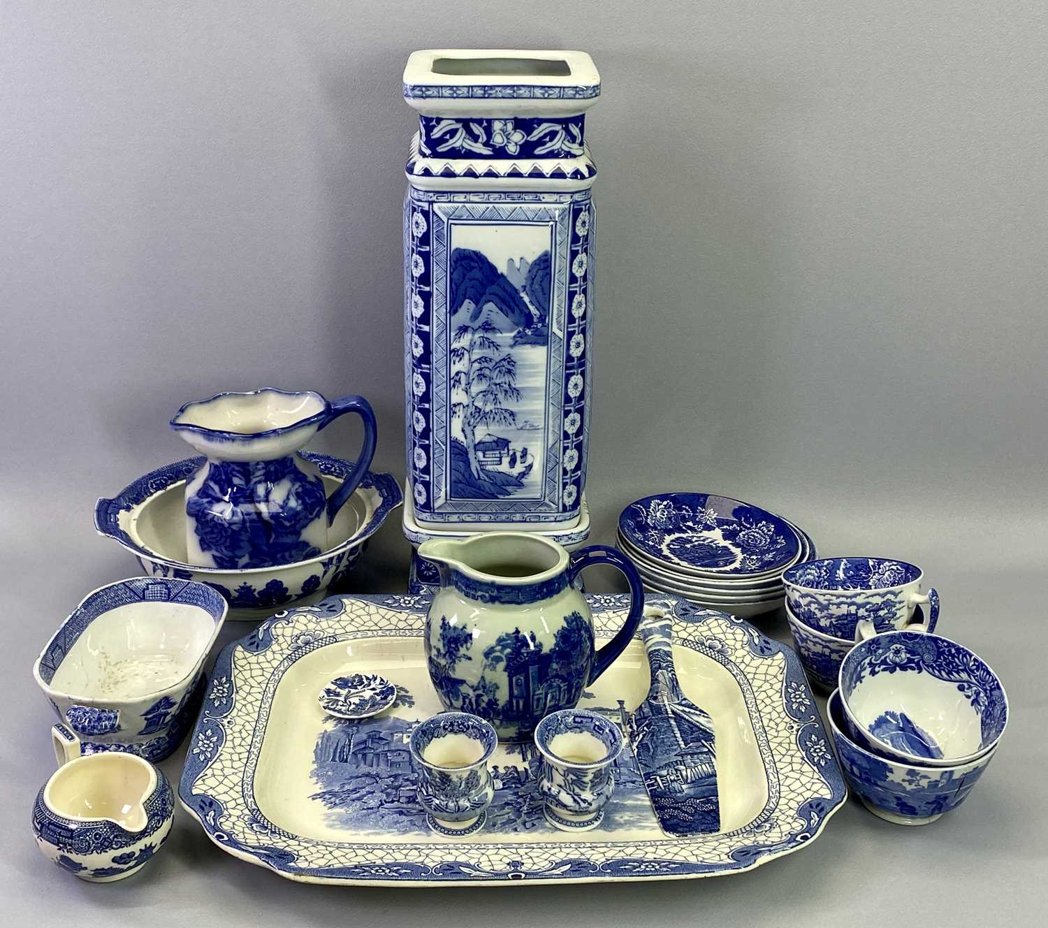 MIXED BLUE & WHITE POTTERY & PORCELAIN WARE - to include an Adams landscape pattern meat platter, 32