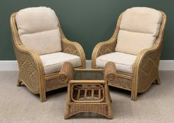 MODERN CANE FURNITURE for conservatory use to include a fine pair of armchairs, 105cms H, 74cms W,