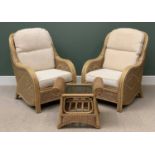 MODERN CANE FURNITURE for conservatory use to include a fine pair of armchairs, 105cms H, 74cms W,