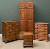 PINE BEDROOM FURNITURE comprising wardrobe having two base drawers and two door cupboard top, 227cms