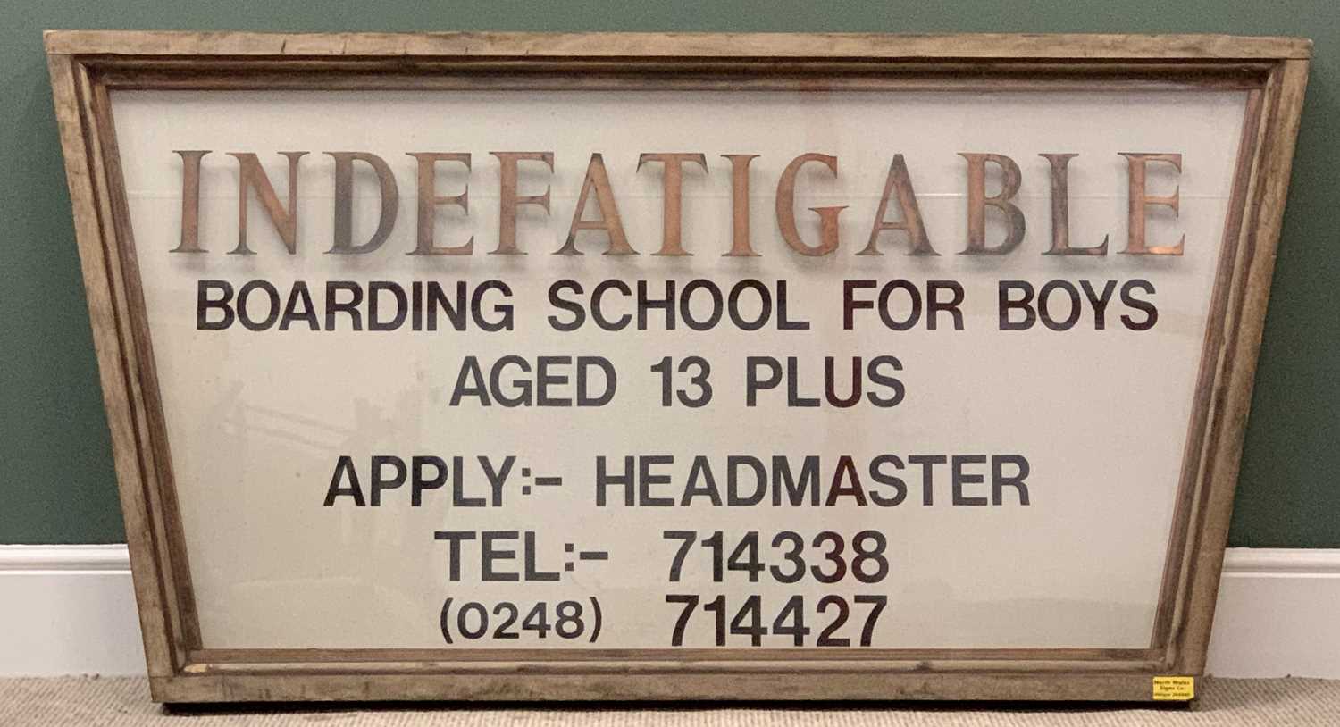 VINTAGE BUILDING SIGN for "Indefatigable Boarding School for Boys" on Anglesey, 86cms H, 160cms W,