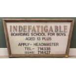 VINTAGE BUILDING SIGN for "Indefatigable Boarding School for Boys" on Anglesey, 86cms H, 160cms W,